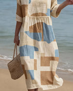 Women's Casual Round Neck Mid Sleeve Print Cotton And Linen Dress