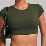 Womens Double-Stitched No-Cup Yoga Fitness Short-Sleeve Top