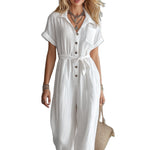 Loose-fitting Casual V-neck Lace-up Pocket Jumpsuit