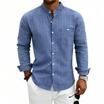 Linen Jacquard Striped Loose-fit Casual Stand-collar Long-sleeve Shirt