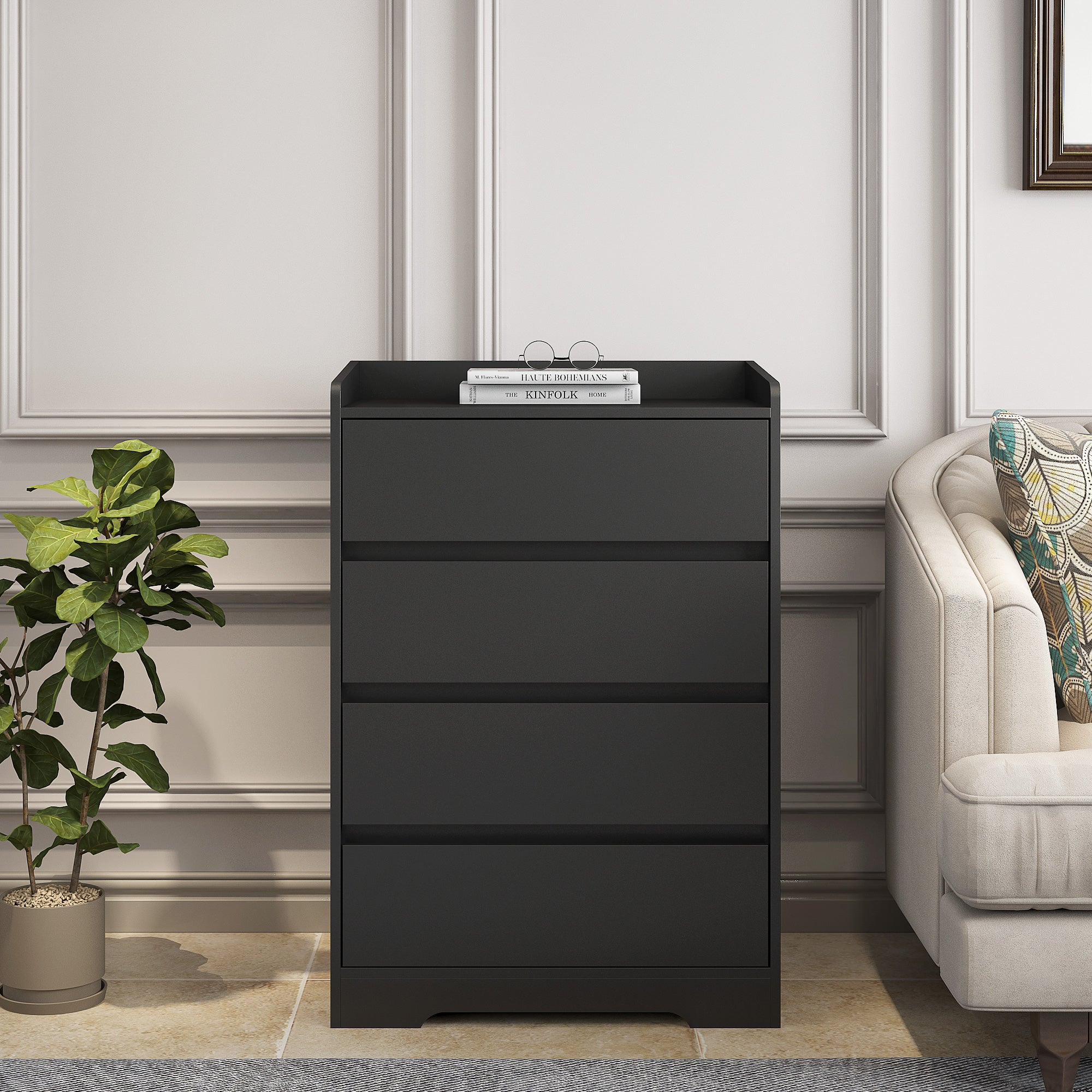 4 Drawer Dresser, Chest Of Drawers Without Handle,Black Dresser For Bedroom Waterproof, Modern Wooden Cabinet With Sturdy Frame For Living Room, Entryway, Bedroom, Hallway, Office