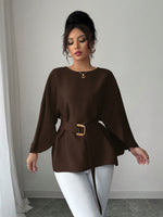 Womens Flared Sleeve Defined Waist Round Neck Lace-Up Slimming Shirt