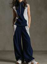 Contrast Color Stand-up Collar Sleeveless Sportswear Set