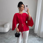 Womens Flared Sleeve Defined Waist Round Neck Lace-Up Slimming Shirt
