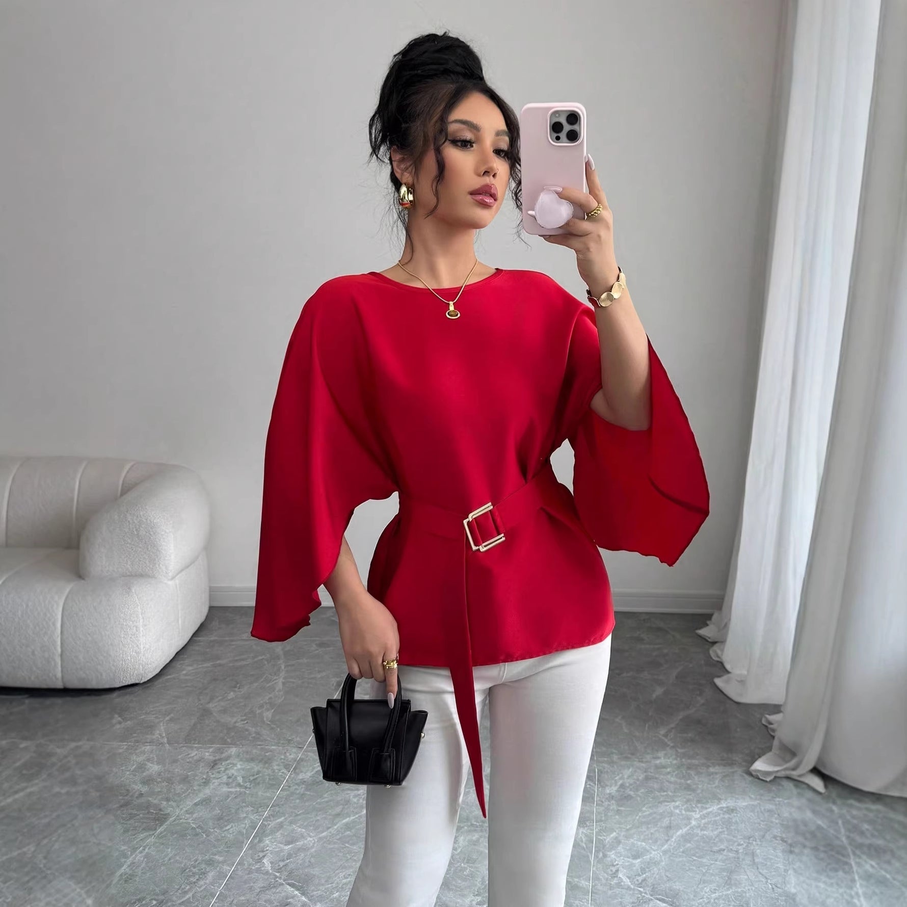 Womens Flared Sleeve Defined Waist Round Neck Lace-Up Slimming Shirt