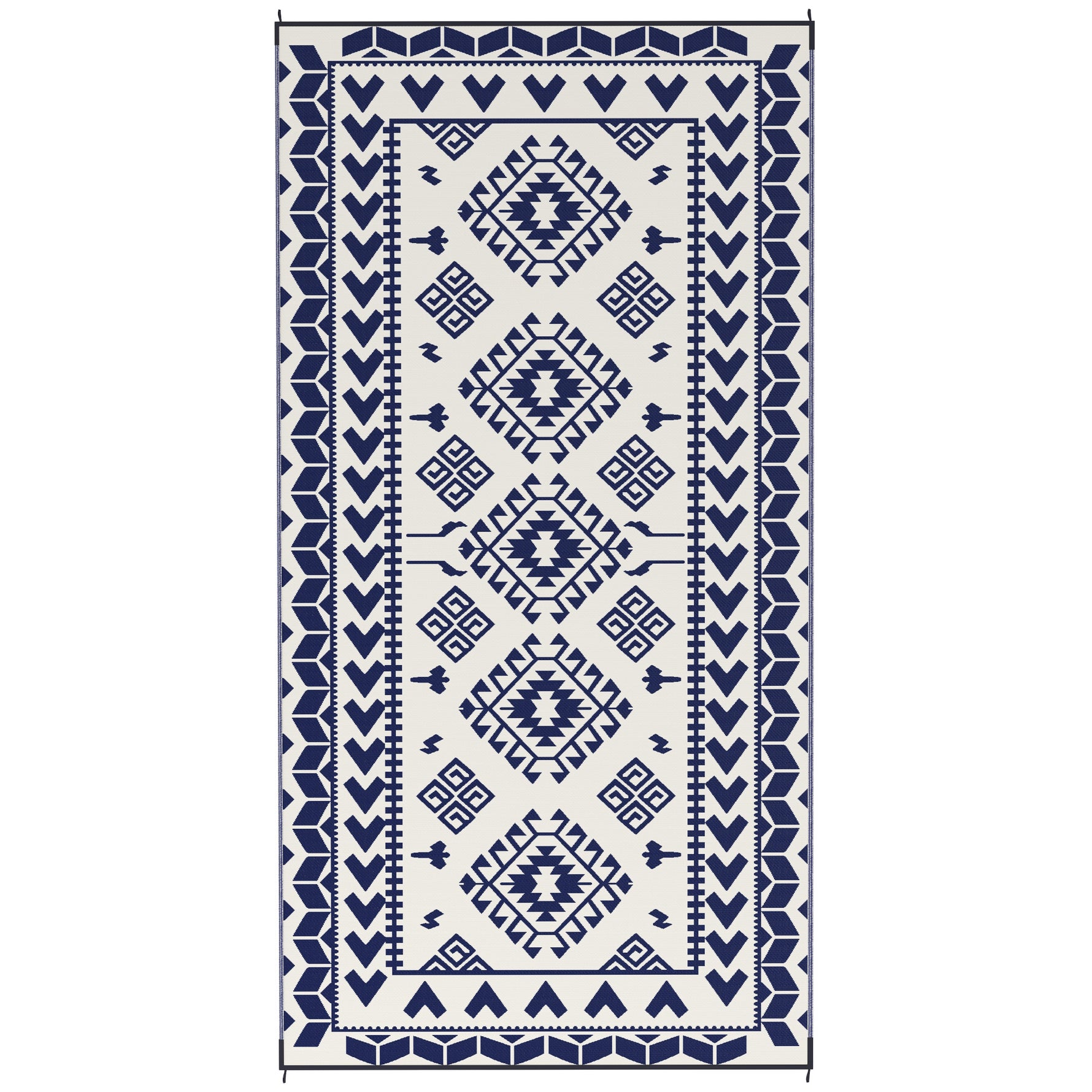 Reversible Outdoor Rug, Waterproof Plastic Straw With Carry Bag, 9 X 18, Blue & White Rhombus Patchwork