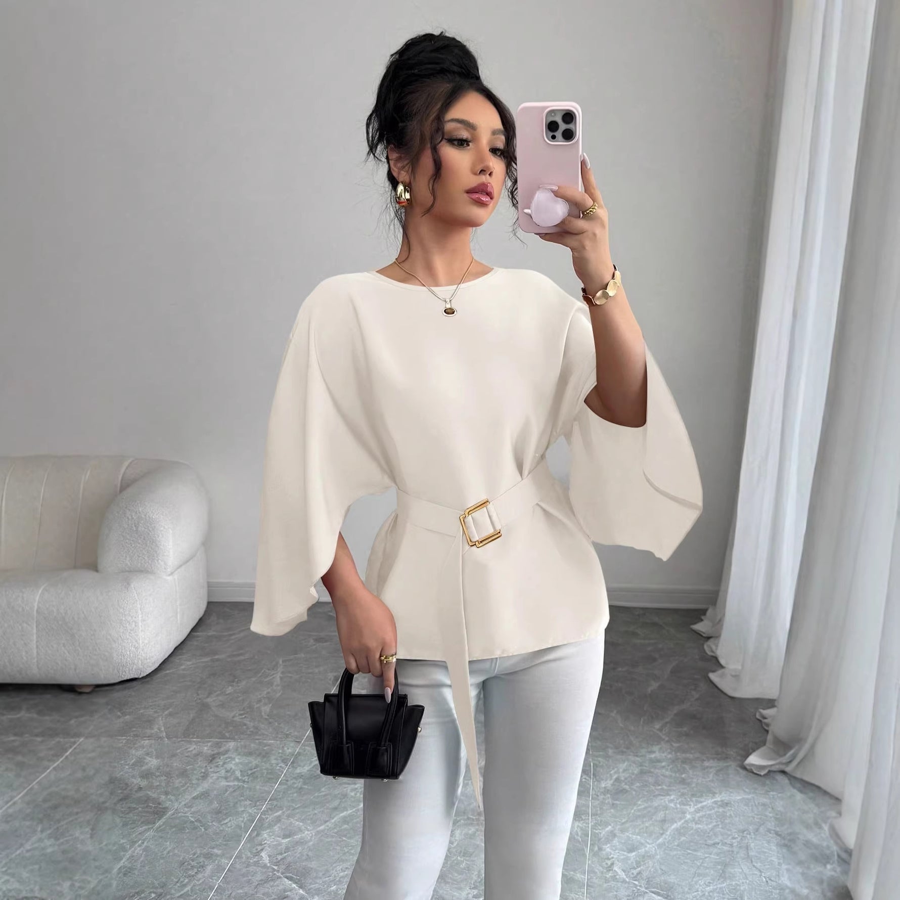 Womens Flared Sleeve Defined Waist Round Neck Lace-Up Slimming Shirt