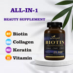 Biotin  Collagen  Hyaluronic Acid  Keratin - Support Normal Hair Growth Cycle - Skin & Nails - 25000mcg Vitamins B1, B2, B3, B6 & B7 - For Women & Men 60 Capsules