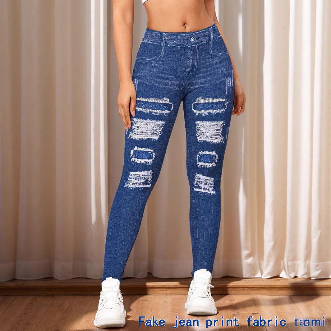 Womens Denim-Look Leggings With Digital Print