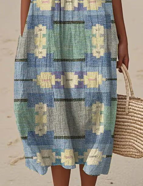Women'S Round Neck Sleeveless Color-Block Printed Dress