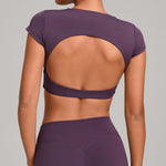 Womens Double-Stitched No-Cup Yoga Fitness Short-Sleeve Top