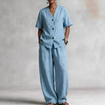 Summer Linen Solid-color Collarless Short-sleeve Top And Casual Wide-leg Pants