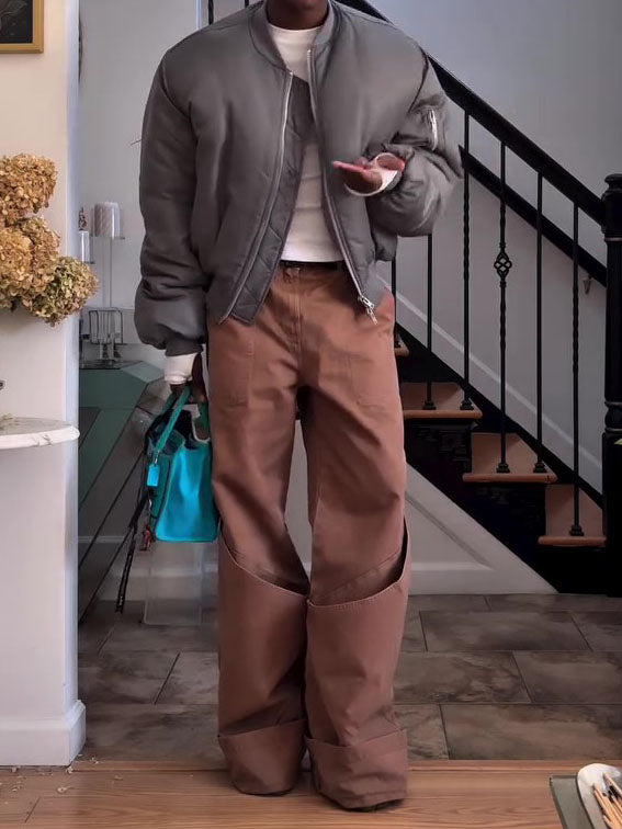 Brown Side Cutout Deconstructed Wide Leg Cargo Pants