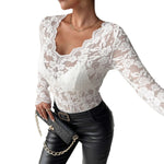 Elegant V-Neck Fan-Lapel Solid-Colored Lace Top With A Single Layer