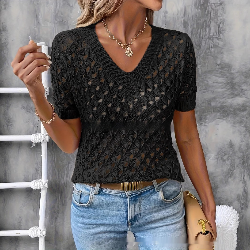 Best Selling Knitted V-neck Short-sleeved Top Hollow Out