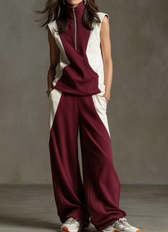 Contrast Color Stand-up Collar Sleeveless Sportswear Set