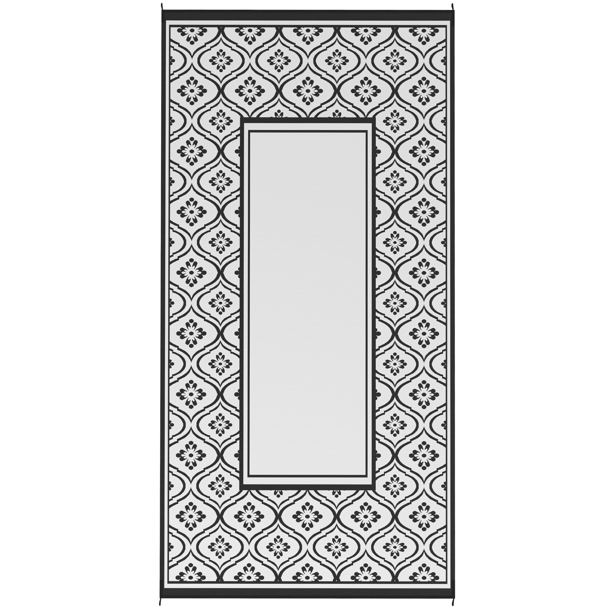 Reversible Outdoor Rug, Waterproof Plastic Straw With Carry Bag, 9 X 18, Black & White Gourd Border