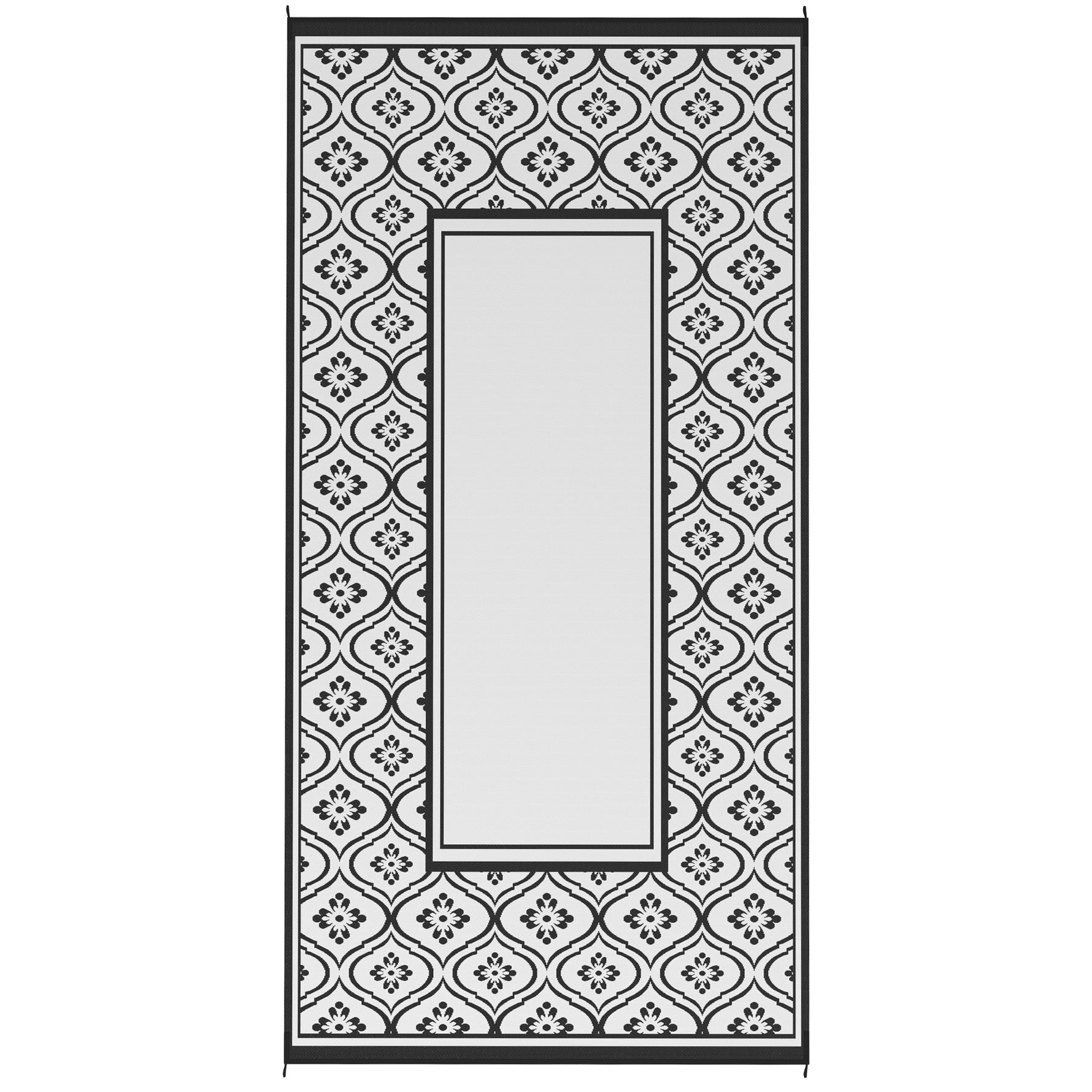 Reversible Outdoor Rug, Waterproof Plastic Straw With Carry Bag, 9 X 18, Black & White Gourd Border