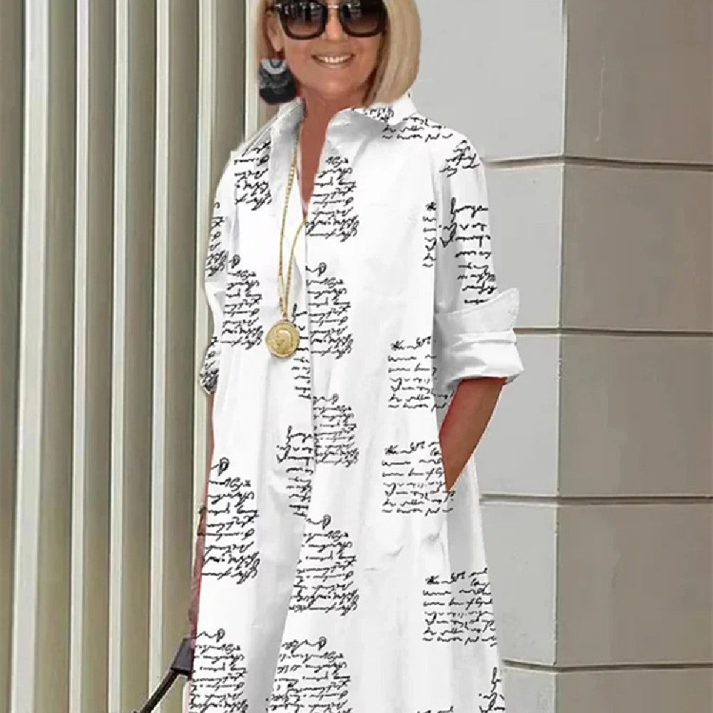 Ladies Shirt Long Sleeve Solid Color Simple Mid Length Dress
