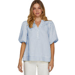 V-neck Panelled Striped Top With Puff Sleeves