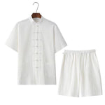 Men's Traditional Chinese Style Button-Placket Shirt And Middle-AgedSenior Monks Robe Two-Piece Set