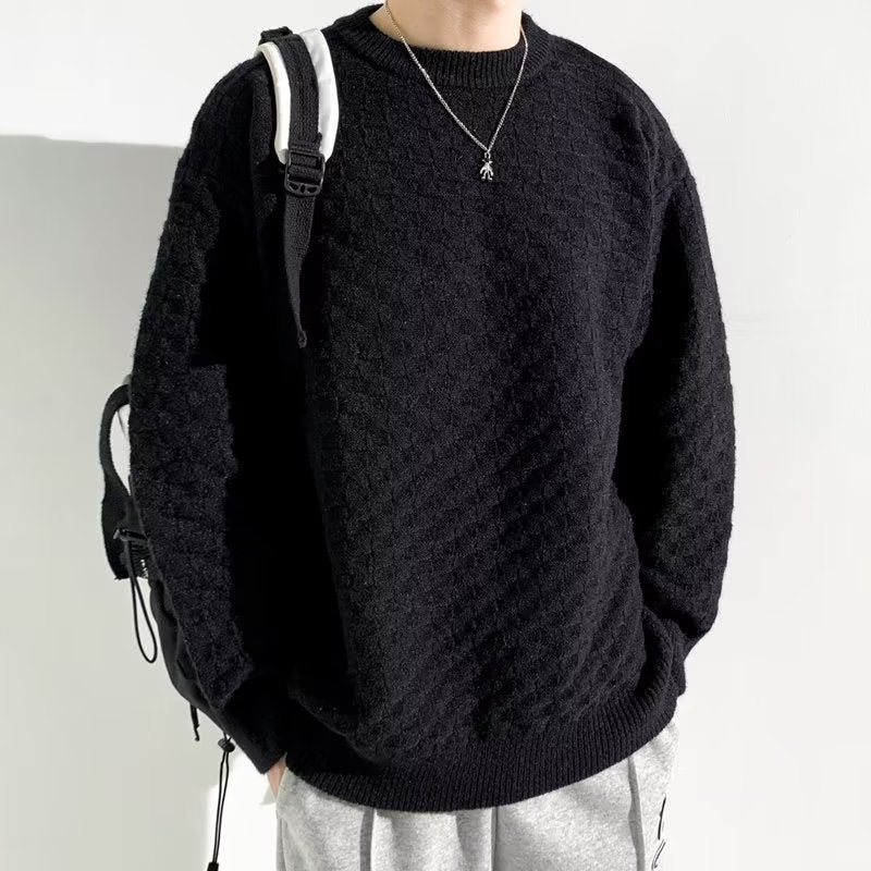 High-End Plaid Jacquard Sweater Mens SpringAutumn Trendy Loose Knitwear
