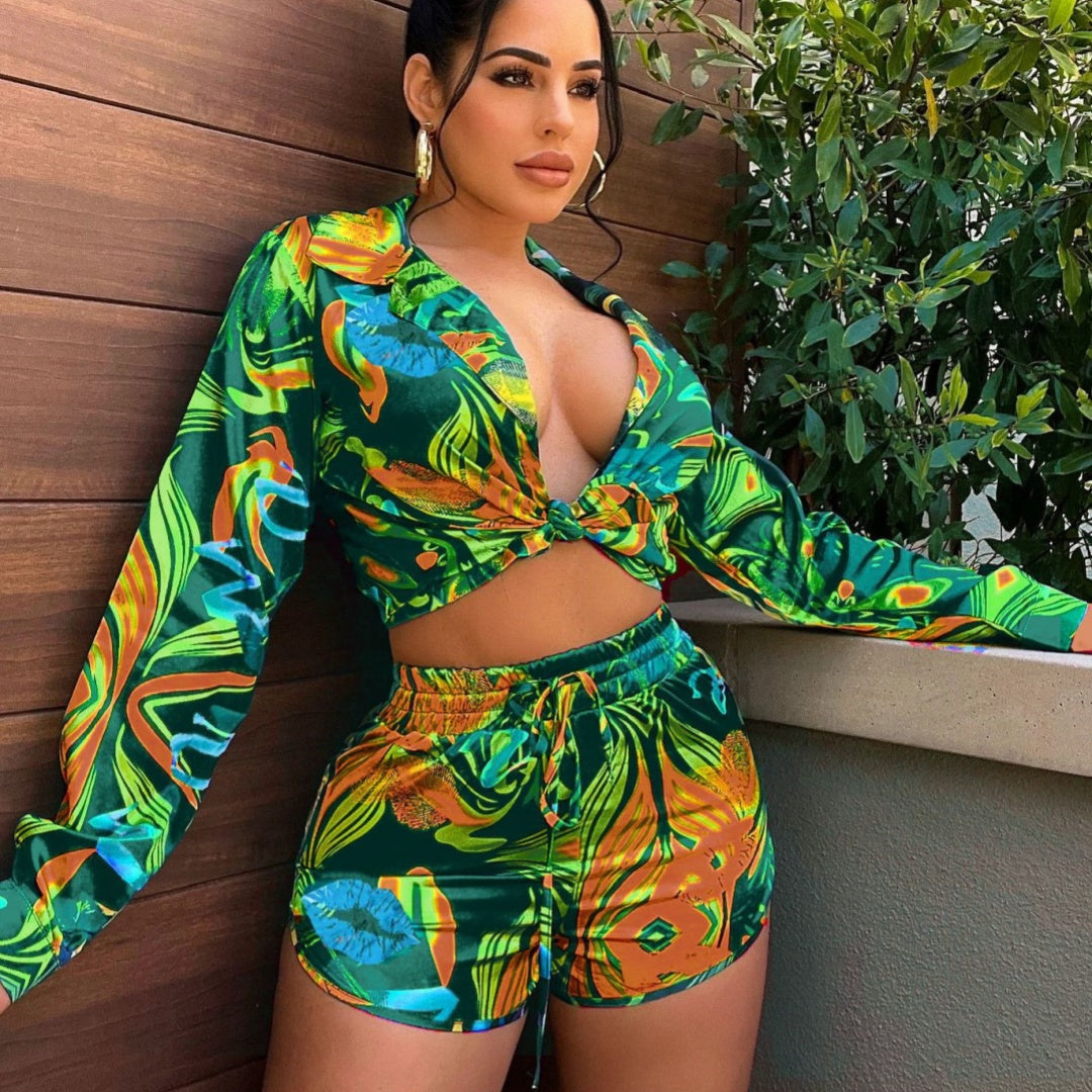 Womens Printed Short-Sleeve Shirt And Casual Hot-Pants Set