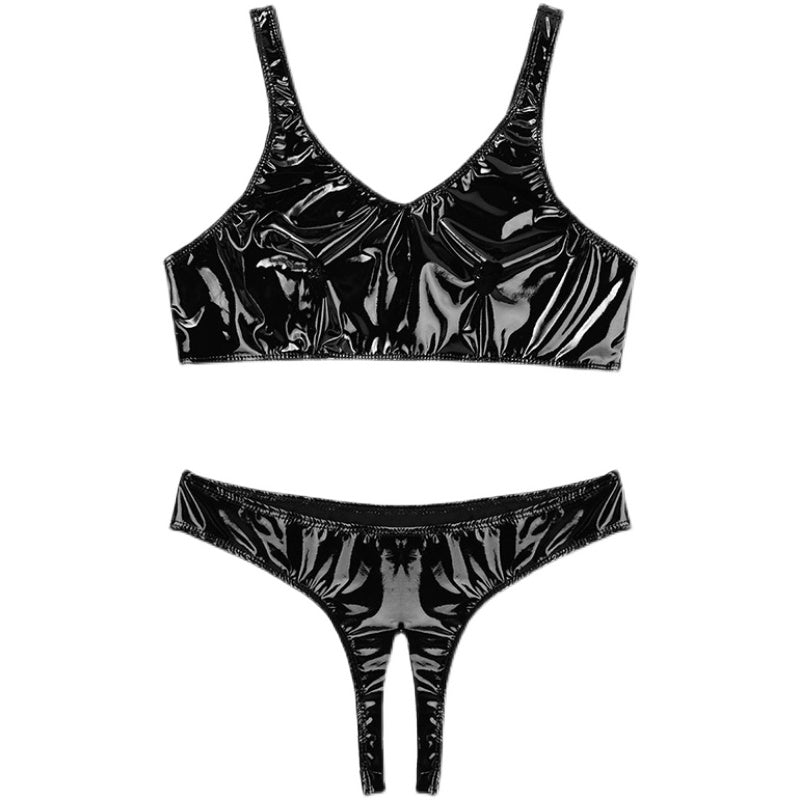 Cutout Bra  Panty Set Shiny Leather Plus Size