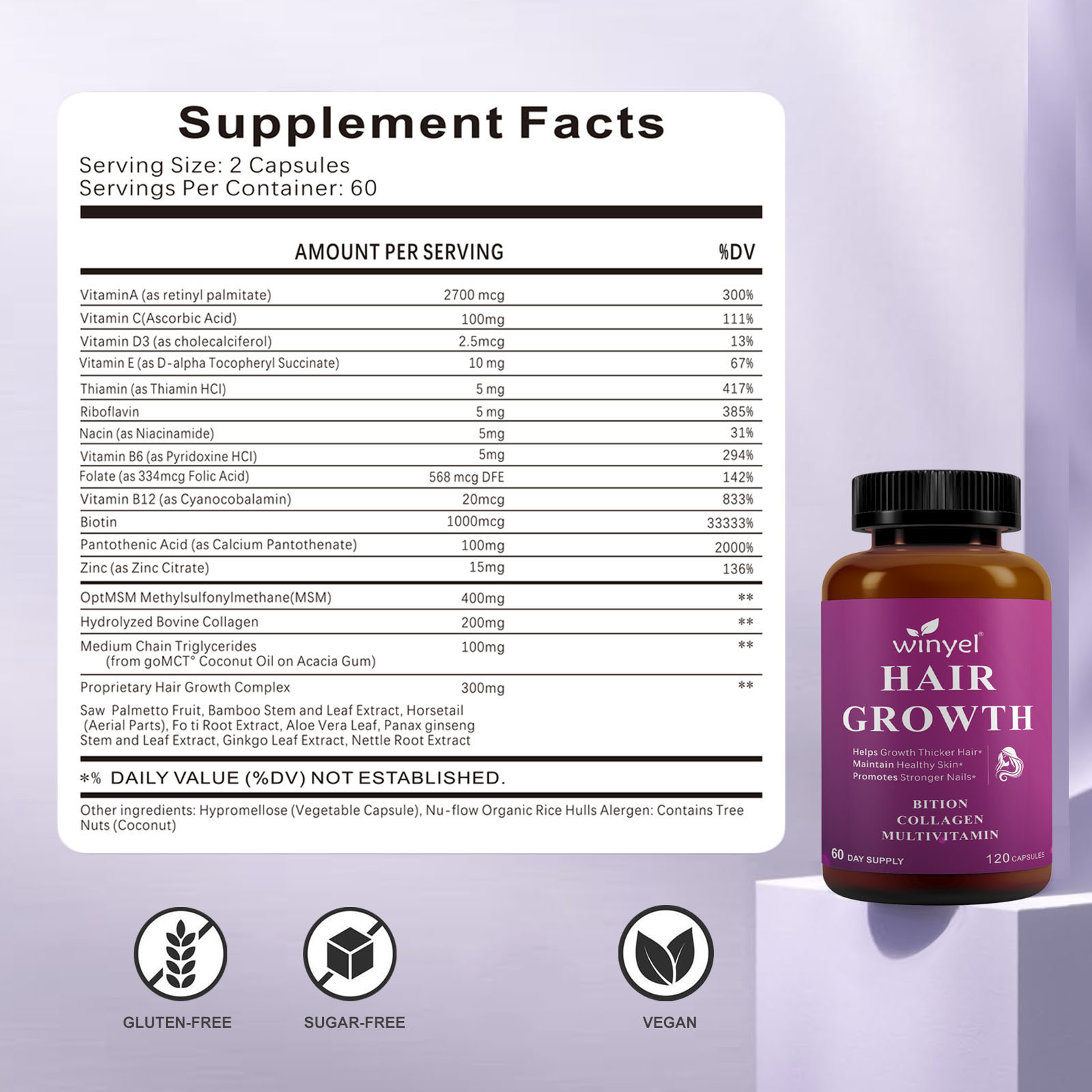 Hair Growth Vitamins Containing 1,000 Mcg Ofbiotin, Collagen, Saw Palmetto, And Other Naturalingredients To Promote Stronger, Healthier Hair,skin, And Nails, Effectively .60-day Supply.