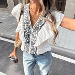 Ruffled V-neck Single-breasted Short-sleeve Top