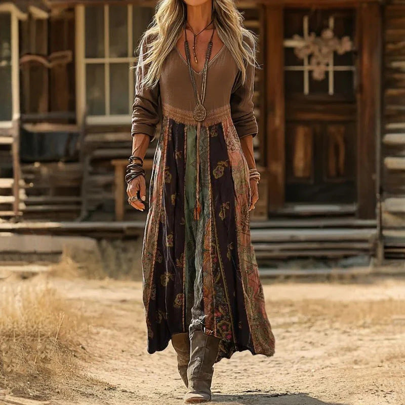 Personalized Retro Chic V-Neck Long-Sleeve Dress
