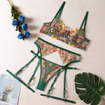 Women's Fashion Floral Bra Panty Garter Set