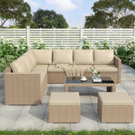 Garden Corner Sofa Set Rattan Sofa Outdoor Furniture With Coffee Table 2 Stools,Khaki