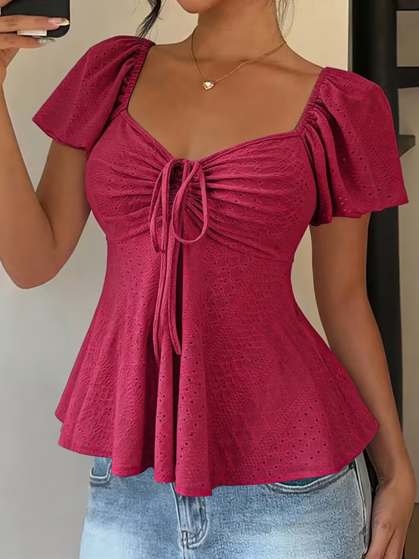 Euramerican V-neck Drawstring Tie-up Top