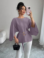 Womens Flared Sleeve Defined Waist Round Neck Lace-Up Slimming Shirt