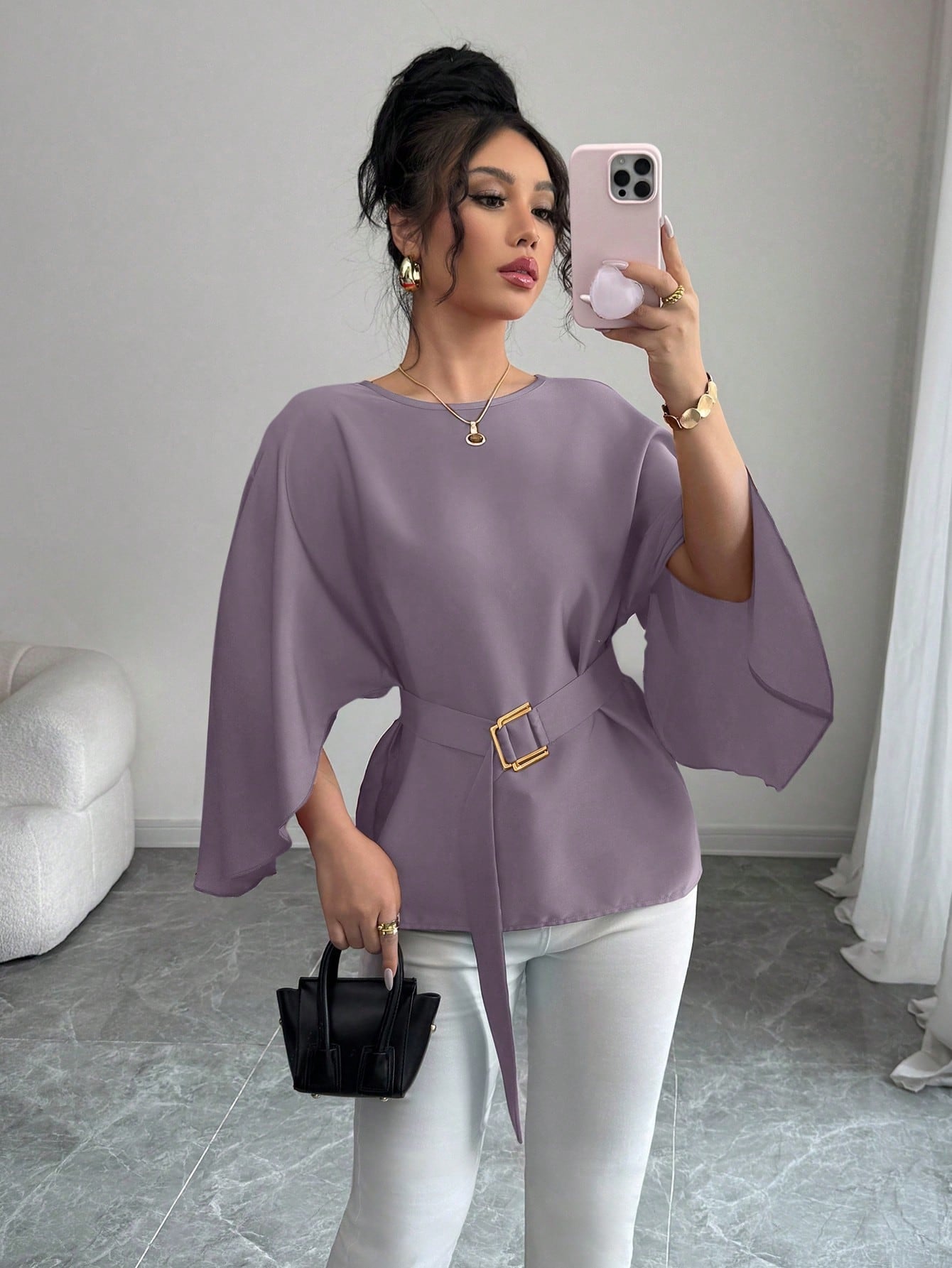 Womens Flared Sleeve Defined Waist Round Neck Lace-Up Slimming Shirt