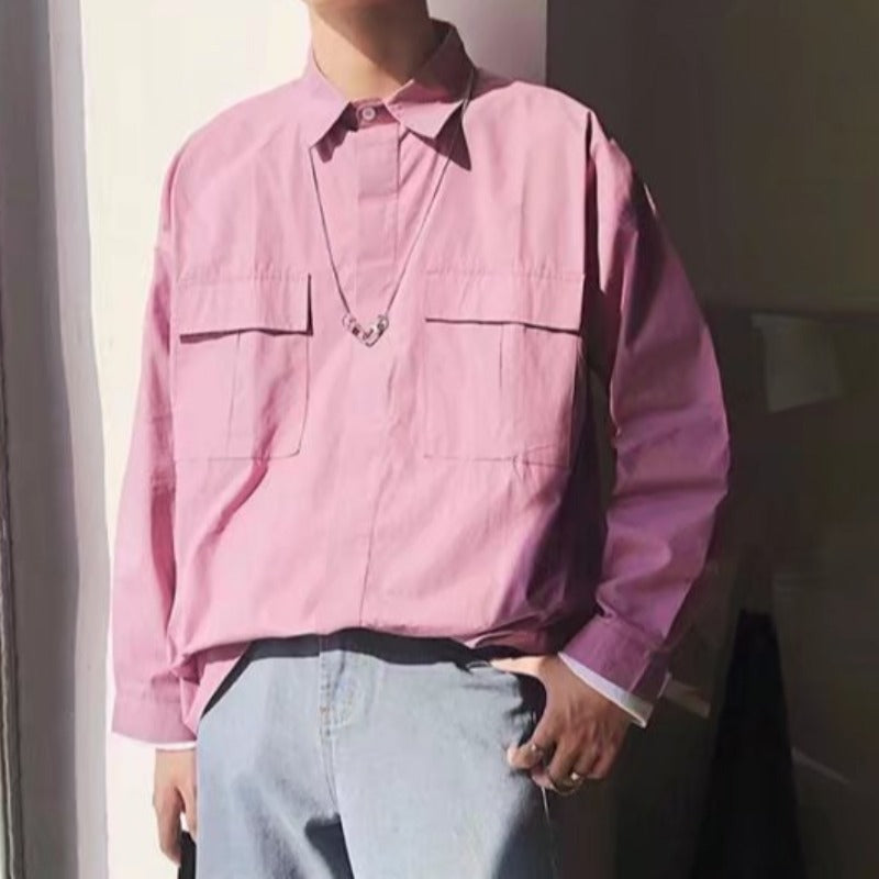 Spring Autumn Men's Long-Sleeve Trendy American-Style Workwear Shirt