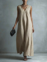 Women's Casual V-Neck Sleeveless Cotton-Linen Dress