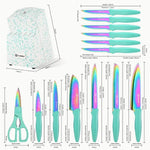 14-Piece Rainbow Colored High Carbon Stainless Steel Kitchen Knife Set, Titanium Coated Blade, Rust-Free & Super Sharp, Flatware Set With Wooden Stand & Kitchen Scissors, For Family & Restaurateurs
