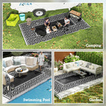 Reversible Outdoor Rug, Waterproof Plastic Straw With Carry Bag, 9 X 18, Black & White Gourd Border