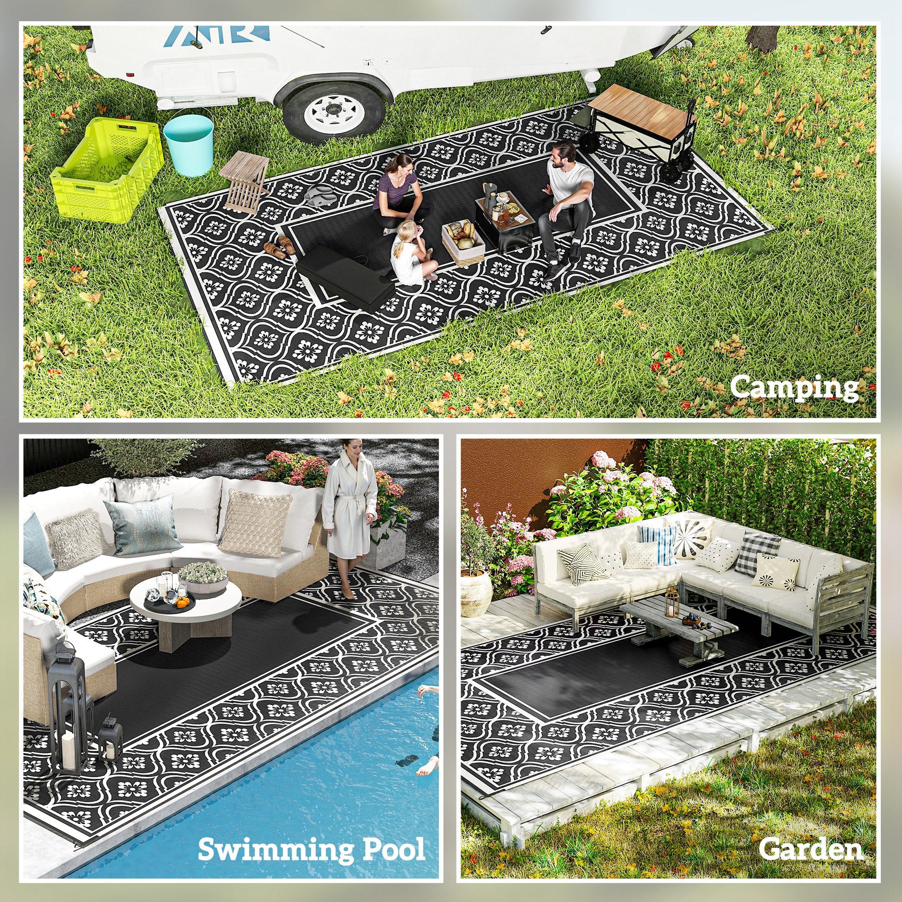 Reversible Outdoor Rug, Waterproof Plastic Straw With Carry Bag, 9 X 18, Black & White Gourd Border