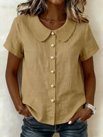 Womens Solid-Colored Short-Sleeve Casual Loose Cotton-Linen Shirt