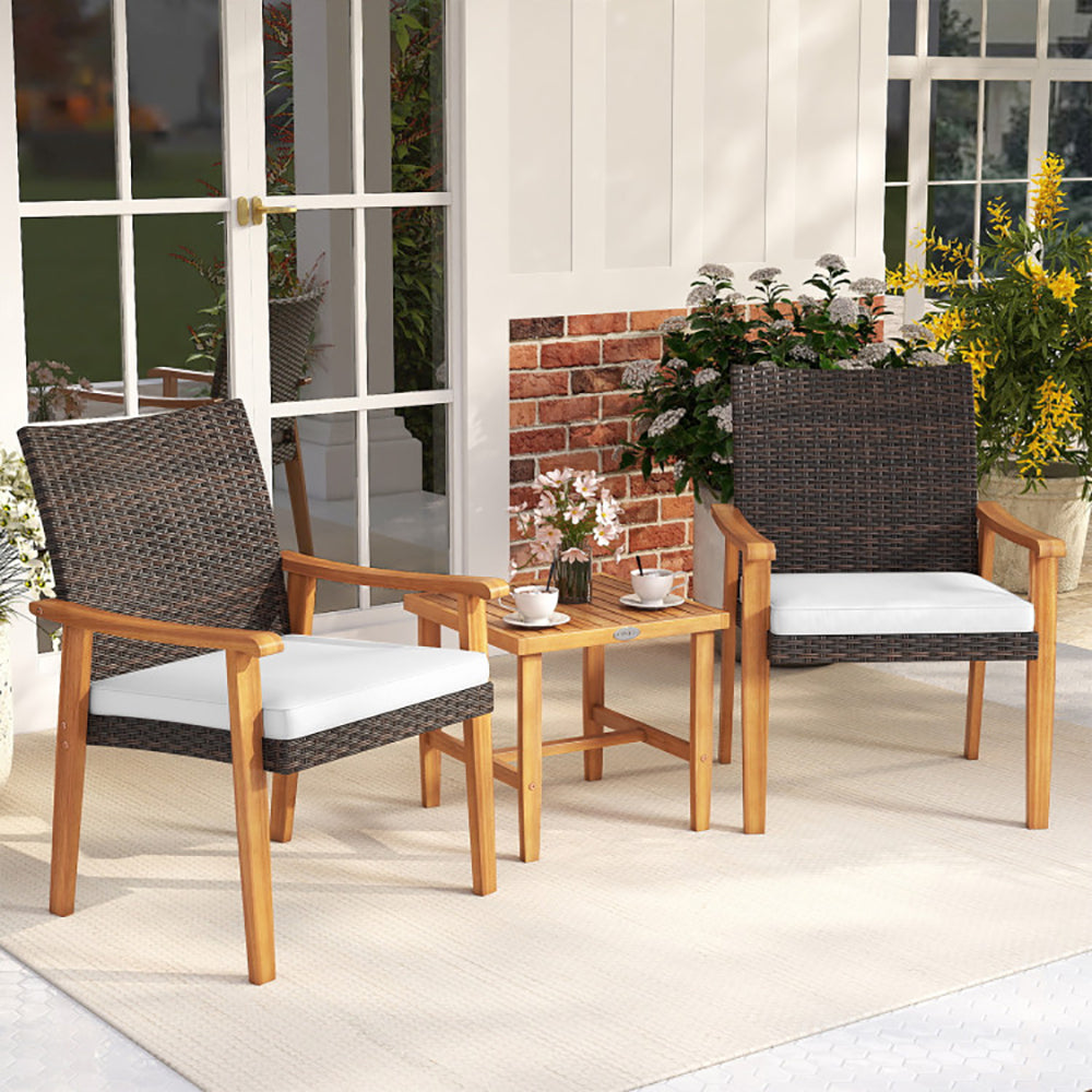 3 Pieces Patio PE Wicker Furniture Set Acacia Wood Outdoor Conversation Bistro Set