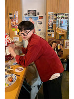 Retro Wine-Red Corduroy Lapel Long-Sleeve Shirt