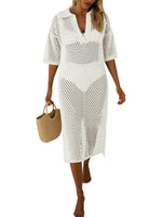 Fisoew Womens Crochet Swimsuit Coverup Summer Hollow Out Short Sleeve V Neck Bikini Coverups Vacation Beach Maxi Dress