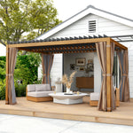 10 X 13 Outdoor Retractable Pergola WSun Shade Louvered Top, Pergola W Canopy, Curtains, Netting, Natural Wood