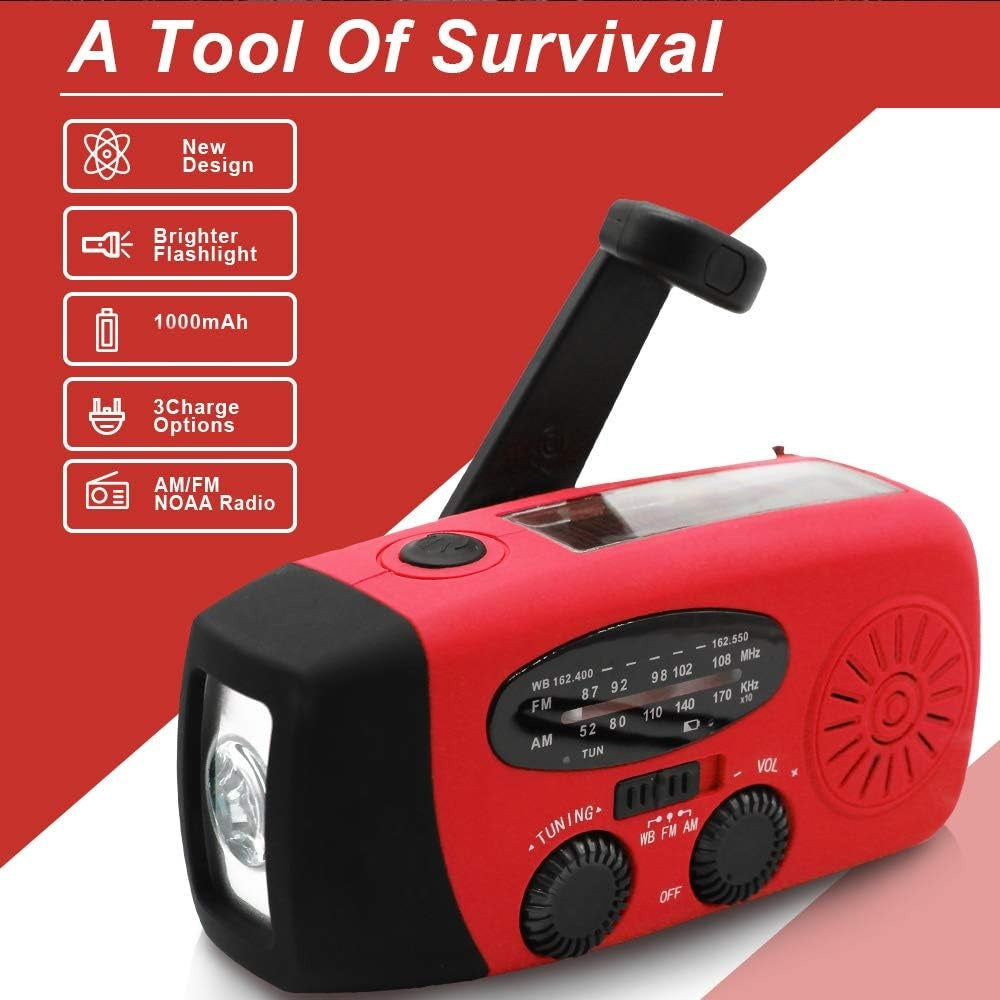 Portable Solar Emergency Weather Radio, Hand-cranked, AM Or FM Channels, NOAA Survival Radio, With LED Flashlight, 2000 MAh Rechargeable Battery, Suitable For Smartphones, Suitable For Home, Outdoor C