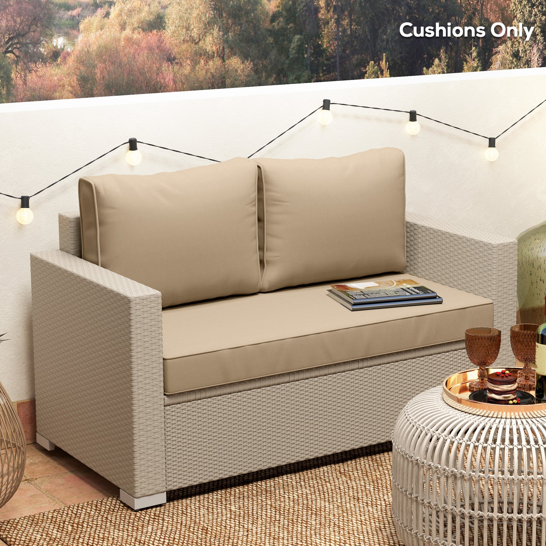 2 Seat Patio Furniture Cushions, 46x26x5 in, Thick Outdoor Loveseat Cushion Set with Removable Cover, Fade-Resistant Replacement Cushions for Outdoor Furniture, Couch, Bench, Swing, Beige