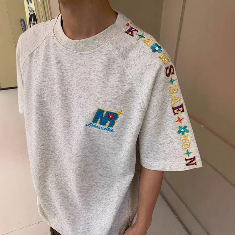 Letter-Embroidered Couple Short-Sleeve T-Shirts