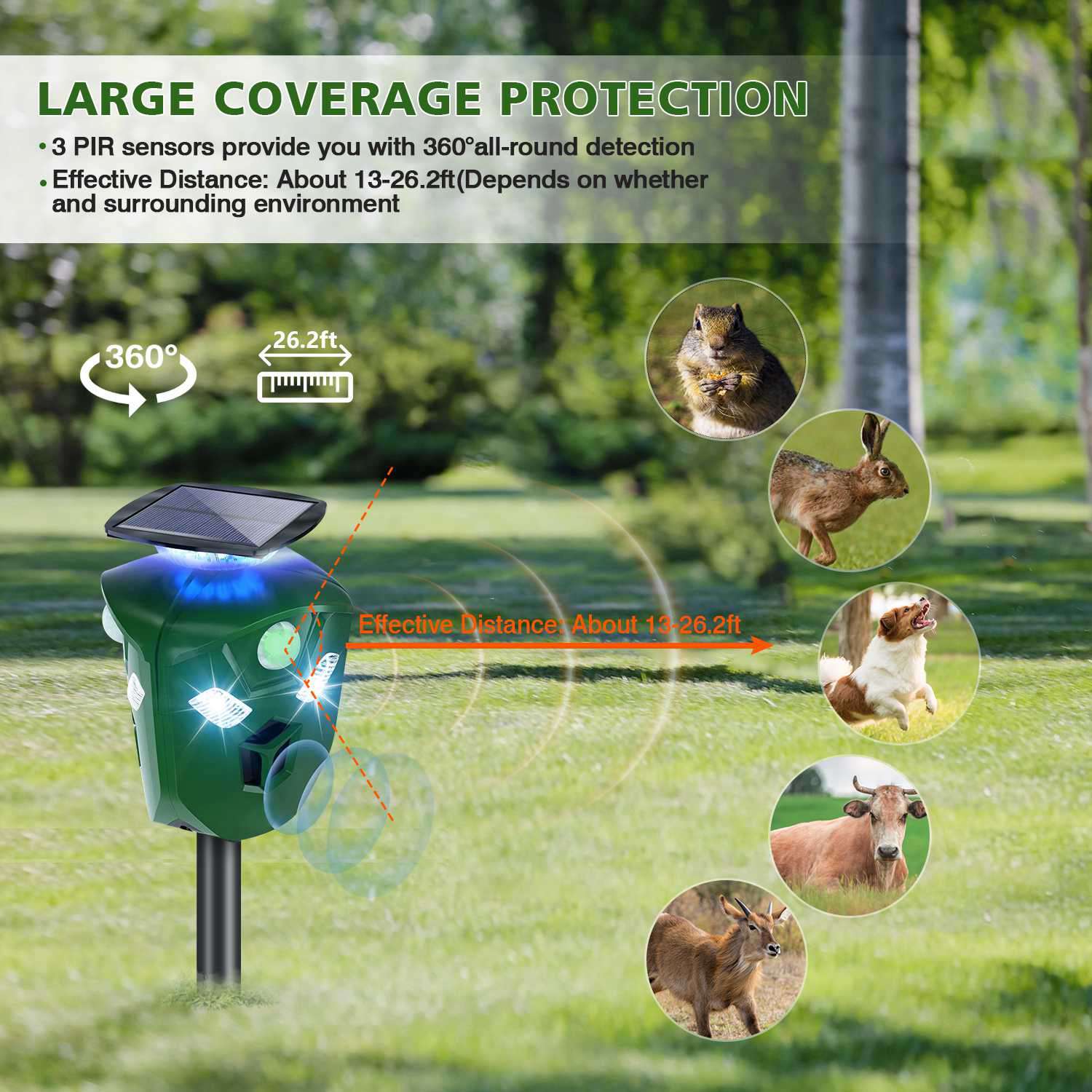 1Pc Electric Solar Powered Ultrasonic Animal Repeller 360 Degree Ultrasonic Animal Driver With Motion Sensor LED Flashing Lights Waterproof Outdoor Animal Repellent For Farm Garden Yard